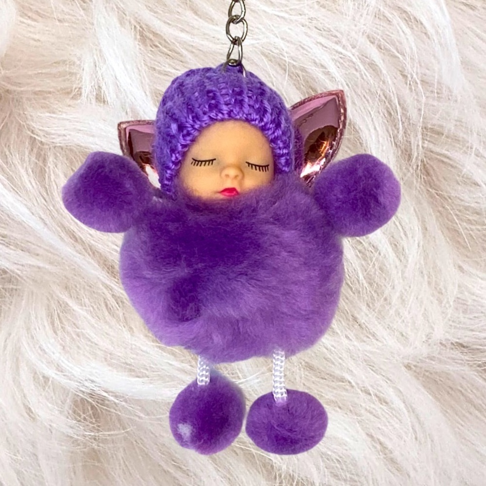 Sleepy baby with fairy wings‎ small pompon in purple keychain charm key holder